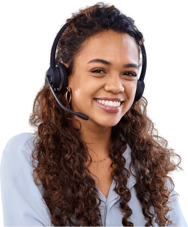 Woman with brow curly hair smiling with a headset