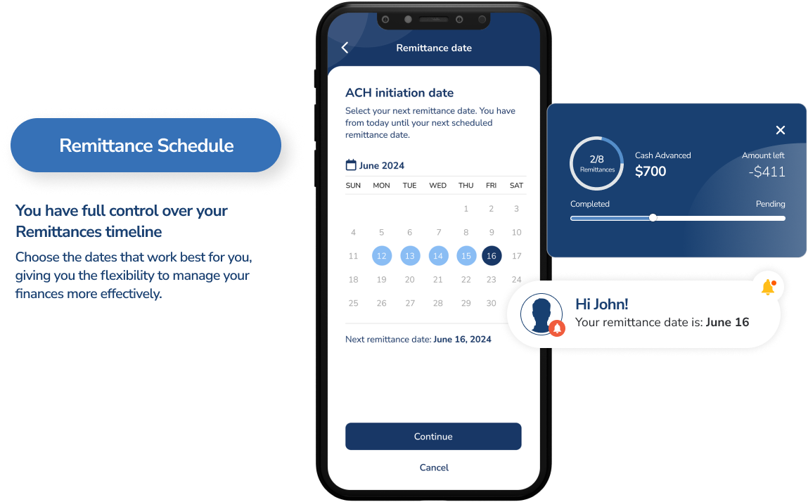 screenshot of the ualett app that shows the remittance schedule