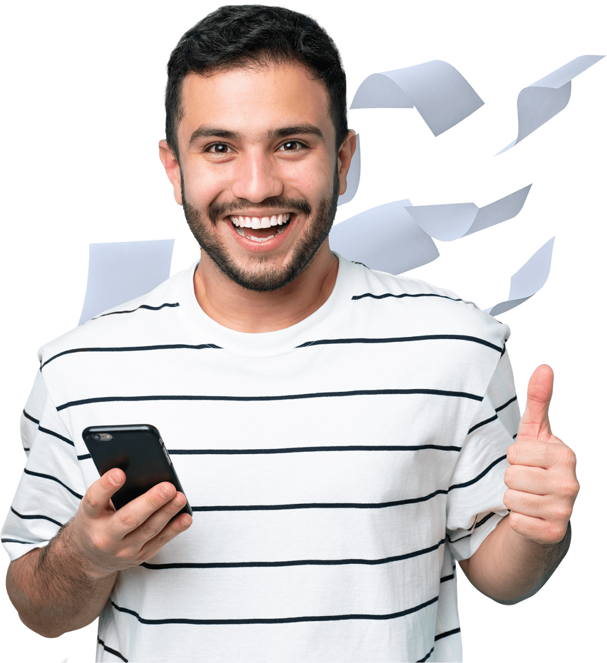 Guy smiling with his phone in his hand and a thumbs up in the other