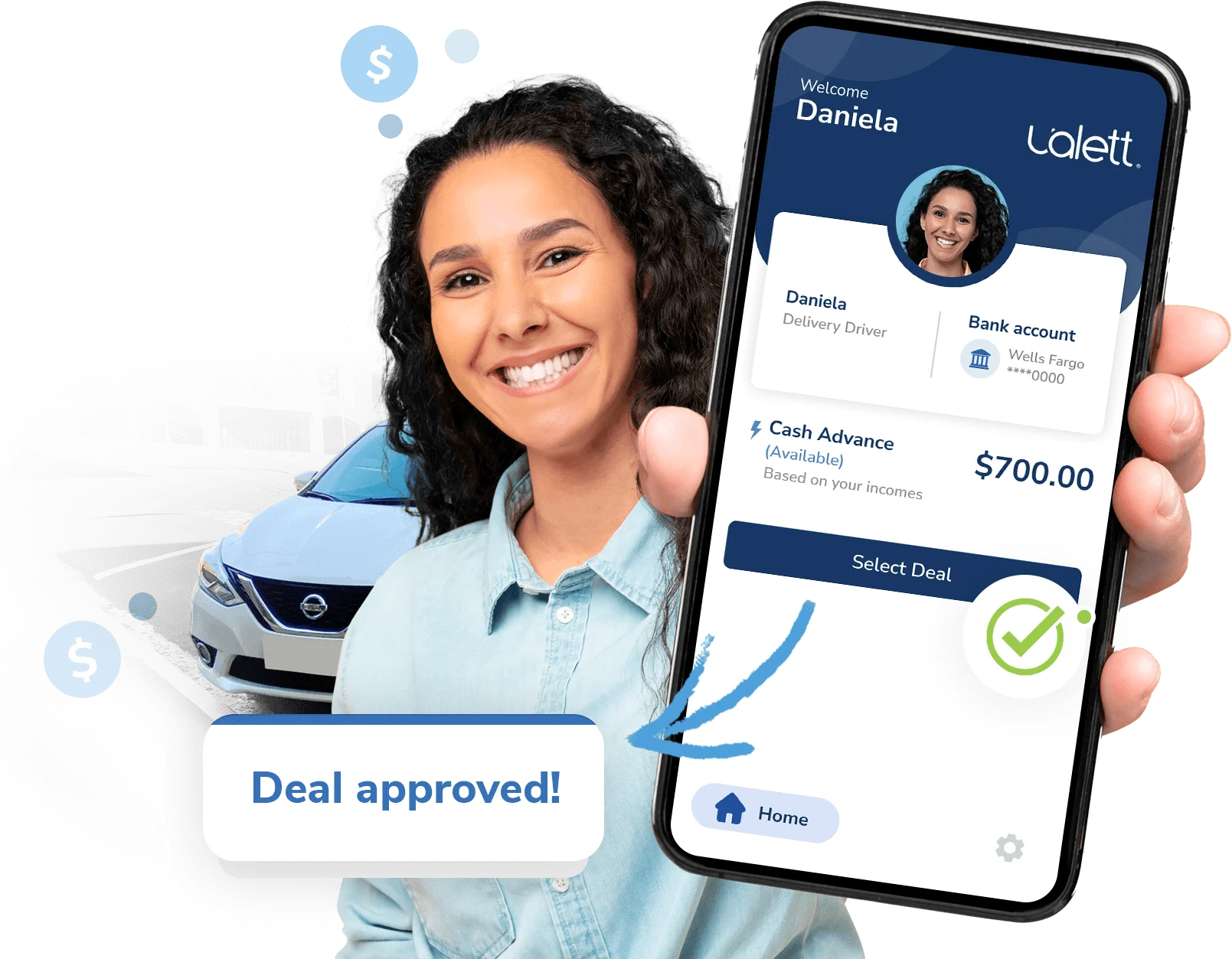 woman smiling in front of a car showing her phone screen, her phone screen has a screenshot from the ualett app that shows that she got a $700 deal